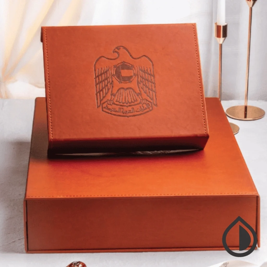 Luxury PU leather packaging box with premium stitching and custom branding by MDG Print Dubai