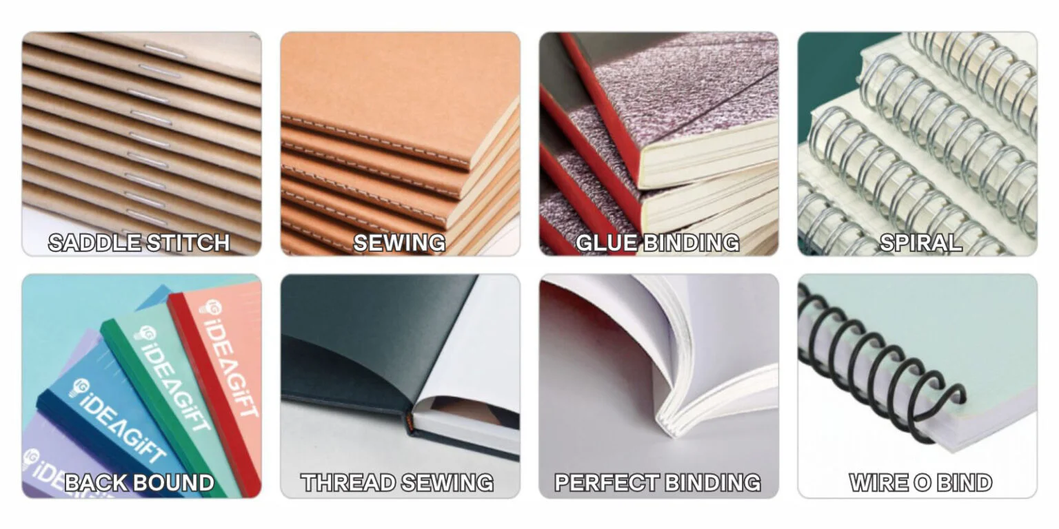 Professional Book Binding Services include perfect binding, saddle stitch, wire-o and spiral binding options.