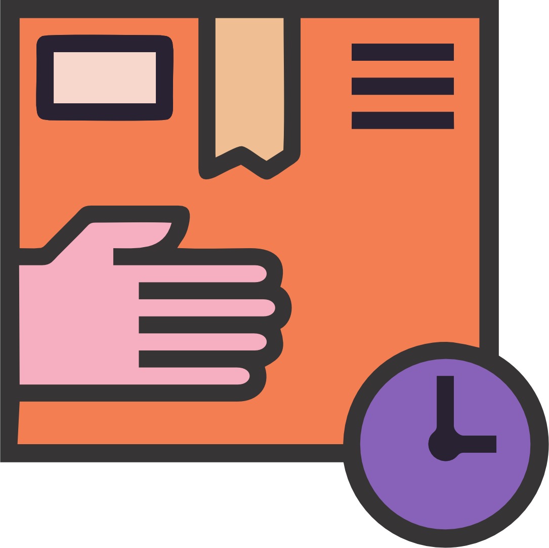 Delivery package icon with a hand and a time symbol.